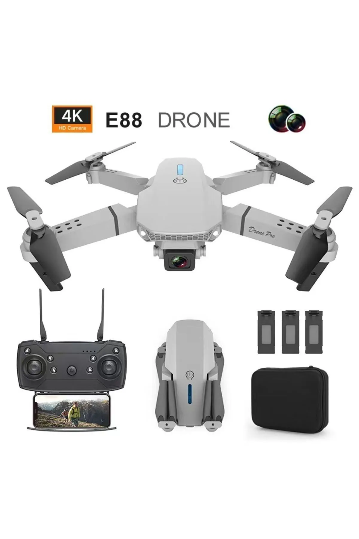 Bilişim Burada E88 DRONE 4K HD ÇİFT KAMERALI DRONE APP KONTROL WİFİ Lİ KATLANABİLİR QUATCOPTER X3 BATARYA